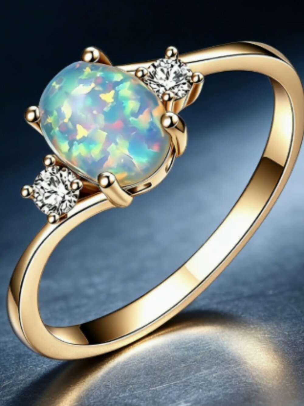 Gold Tone Oval Lab Opal Ring Three‑Stone Crystal Accent Iridescent Statement Rin